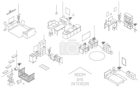 Illustration for Finding a room for rent: various rooms, simple isometric illustration, Vector Illustration - Royalty Free Image