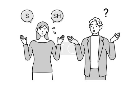 Ilustración de Conversación en inglés, mujer japonesa lucha con pronunciación en inglés de "l" y "r" para hombres caucásicos, ilustración vectorial - Imagen libre de derechos