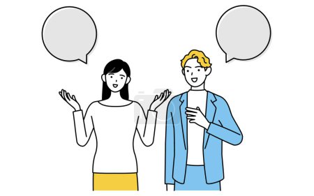 Ilustración de Conversación en inglés, mujer japonesa hablando inglés con un hombre blanco, con globo del habla, Vector Illustration - Imagen libre de derechos