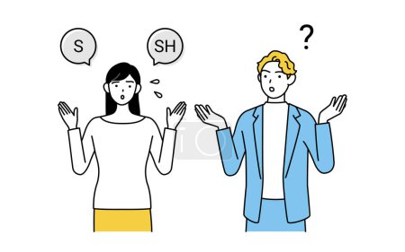 Ilustración de Conversación en inglés, mujer japonesa lucha con pronunciación en inglés de "l" y "r" para hombres caucásicos, ilustración vectorial - Imagen libre de derechos