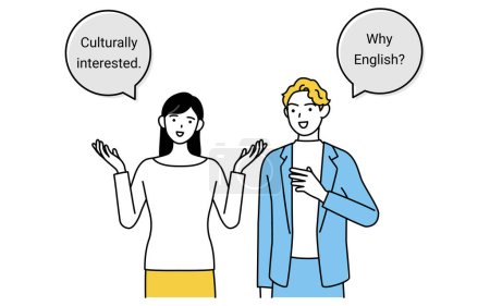 Ilustración de Conversación en inglés, mujer japonesa hablando inglés con un hombre blanco, con globo del habla, Vector Illustration - Imagen libre de derechos