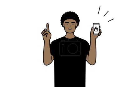 Ilustración de Hombre afroamericano tomando medidas de seguridad para su teléfono, Vector Illustration - Imagen libre de derechos