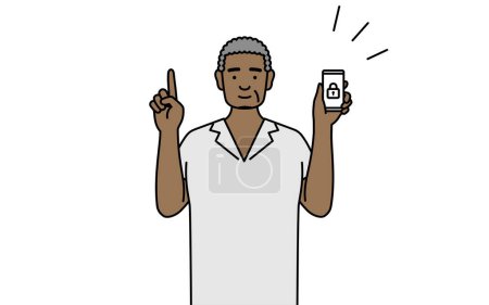 Illustration for African senior man taking security measures for his phone, Vector Illustration - Royalty Free Image