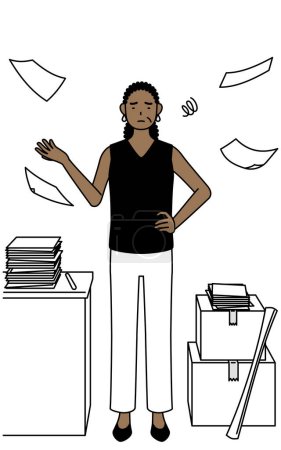 Illustration for African-American senior woman who is fed up with her unorganized business, Vector Illustration - Royalty Free Image