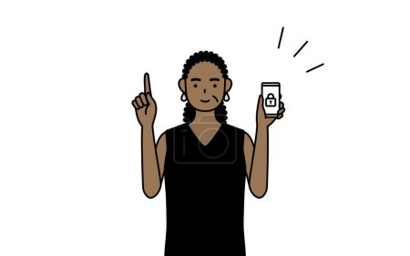 Illustration for African-American senior woman taking security measures for her phone, Vector Illustration - Royalty Free Image