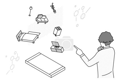 Téléchargez les illustrations : Image de DX, homme utilisant l'application AR pour placer des meubles en considération du mouvement, Illustration vectorielle - en licence libre de droit