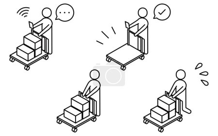 Illustration for Simple line drawing of a person making a delivery using a cart, DX, IT, logistics, distribution - Royalty Free Image