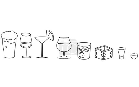 Illustration for Sake to Western sake, cocktails, beer sets, simple line drawing illustrations, Vector Illustration - Royalty Free Image
