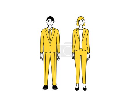 Illustration for Simple line drawing illustration of businessman and businesswoman in a suit with his hands folded in front of his body. - Royalty Free Image