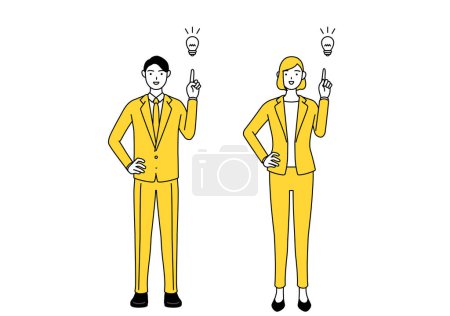 Téléchargez les illustrations : Illustration simple de dessin de ligne d'homme d'affaires et femme d'affaires dans un costume à venir avec une idée. - en licence libre de droit