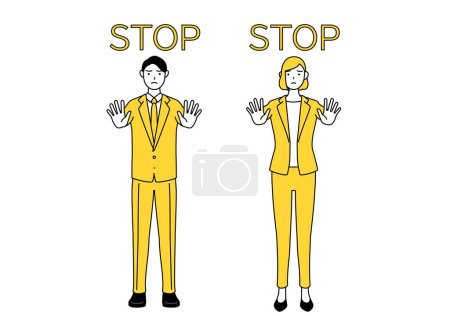Simple line drawing illustration of businessman and businesswoman in a suit with his hand out in front of his body, signaling a stop.