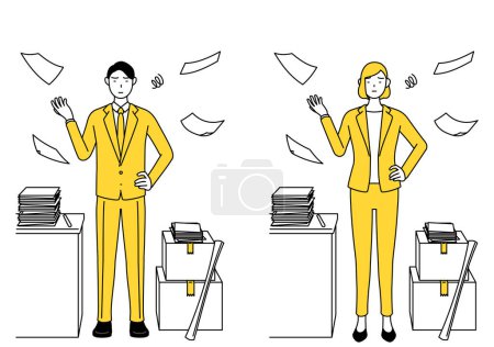 Simple line drawing illustration of businessman and businesswoman in a suit who is fed up with his unorganized business.