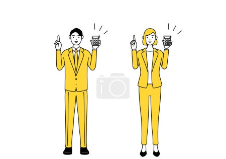 Ilustración de Ilustración de dibujo de línea simple de hombre de negocios y mujer de negocios en un traje que sostiene una calculadora y señala. - Imagen libre de derechos