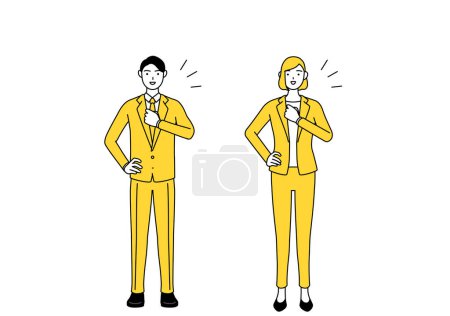Illustration for Simple line drawing illustration of businessman and businesswoman in a suit tapping his chest. - Royalty Free Image