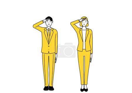 Illustration for Simple line drawing illustration of businessman and businesswoman in a suit making a salute. - Royalty Free Image
