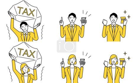 Ilustración de Dibujo de línea simple ilustración de un hombre y una mujer en trajes, conjunto de imágenes de impuestos, contabilidad e inversiones - Imagen libre de derechos