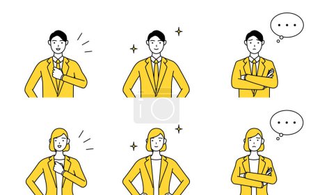 Illustration for Simple line drawing illustration of a man and a woman in suits, set with hands crossed in distress and chest beating or chest outstretched - Royalty Free Image
