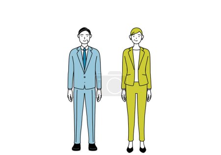 Simple line drawing illustration of a man and a woman (senior, executive, manager) in a suit facing forward