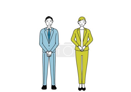 Simple line drawing illustration of businessman and businesswoman (senior, executive, manager) in a suit lightly bowing.