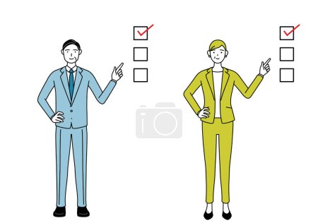 Simple line drawing illustration of businessman and businesswoman (senior, executive, manager) in a suit pointing to a checklist.