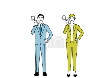 Simple line drawing illustration of businessman and businesswoman (senior, executive, manager) in a suit looking through magnifying glasses