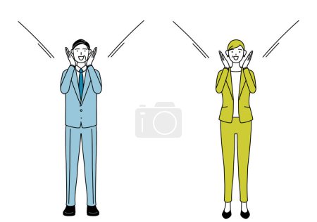Simple line drawing illustration of a man in a suit and a woman (senior, executive, manager) guiding him with her hand over their mouth.