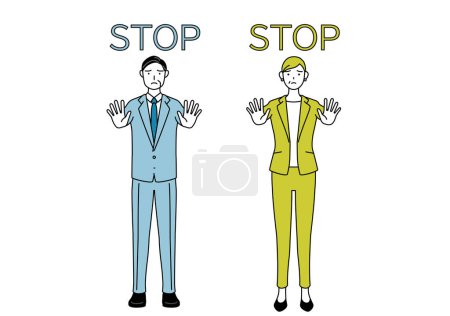 Simple line drawing illustration of businessman and businesswoman (senior, executive, manager) in a suit with his hand out in front of his body, signaling a stop.