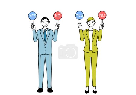 Simple line drawing illustration of businessman and businesswoman (senior, executive, manager) in a suit holding a stick indicating correct and incorrect answers.