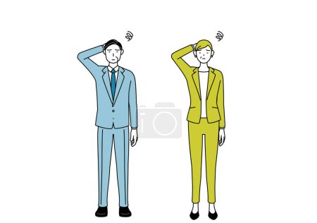 Simple line drawing illustration of businessman and businesswoman (senior, executive, manager) in a suit scratching his head in distress.