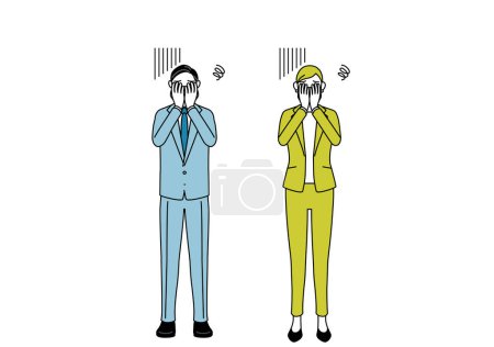 Simple line drawing illustration of businessman and businesswoman (senior, executive, manager) in a suit covering his face in depression.