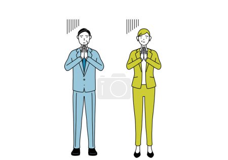 Simple line drawing illustration of businessman and businesswoman (senior, executive, manager) in a suit apologizing with his hands in front of his body.