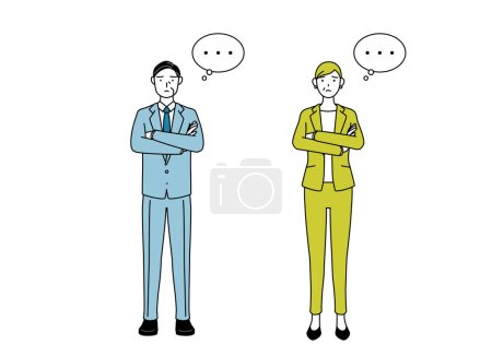 Simple line drawing illustration of businessman and businesswoman (senior, executive, manager) in a suit, arms crossed, thinking.