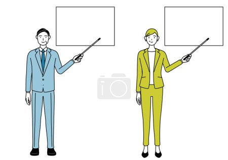 Simple line drawing illustration of businessman and businesswoman (senior, executive, manager) in a suit pointing at a whiteboard with an indicator stick.