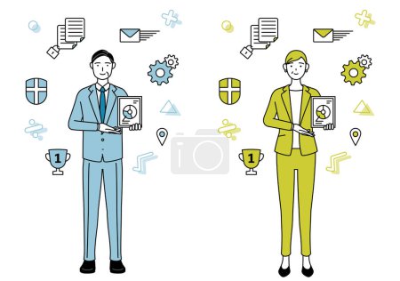 Image of DXing, simple line drawing illustration of businessman and businesswoman (senior, executive, manager) in a suit using digital technology to improve his business