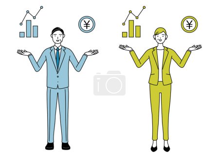 Simple line drawing illustration of businessman and businesswoman (senior, executive, manager) in a suit guiding an image of DXing, perforwomance and sales improvement.