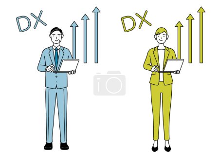 Image of DXing, simple line drawing illustration of businessman and businesswoman (senior, executive, manager) in a suit who has successfully improved his business