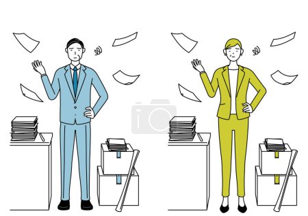 Simple line drawing illustration of businessman and businesswoman (senior, executive, manager) in a suit who is fed up with his unorganized business.