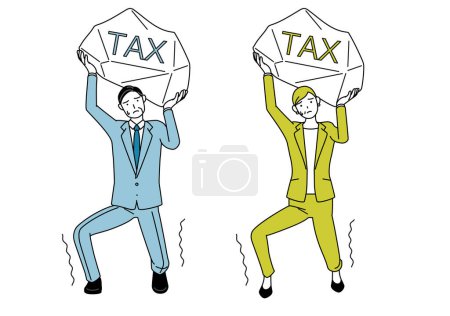 Simple line drawing illustration of businessman and businesswoman (senior, executive, manager) in a suit suffering from tax increases