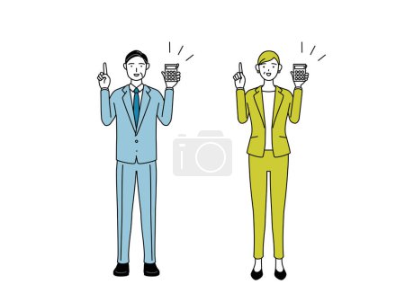 Simple line drawing illustration of businessman and businesswoman (senior, executive, manager) in a suit holding a calculator and pointing.