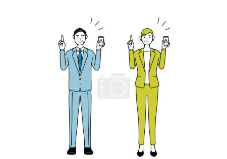 Simple line drawing illustration of businessman and businesswoman (senior, executive, manager) in a suit taking security measures for his phone.
