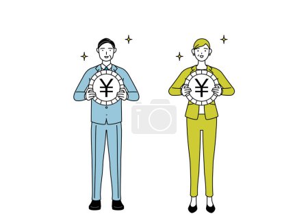 Simple line drawing illustration of businessman and businesswoman (senior, executive, manager) in a suit, an image of foreign exchange gains and yen appreciation