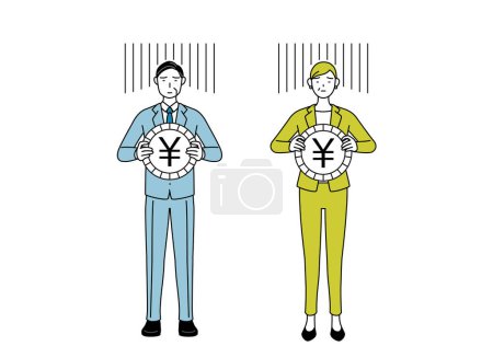 Simple line drawing illustration of businessman and businesswoman (senior, executive, manager) in a suit, an image of exchange loss or yen depreciation