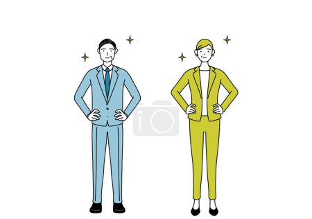 Simple line drawing illustration of businessman and businesswoman (senior, executive, manager) in a suit with his hands on his hips.