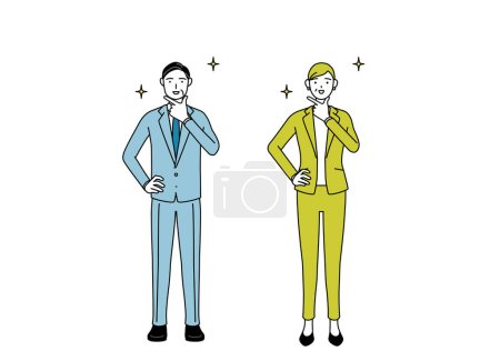 Simple line drawing illustration of businessman and businesswoman (senior, executive, manager) in a suit in a confident pose.