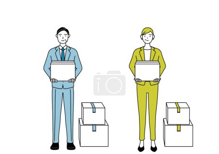 Simple line drawing illustration of businessman and businesswoman (senior, executive, manager) in a suit holding a cardboard box.