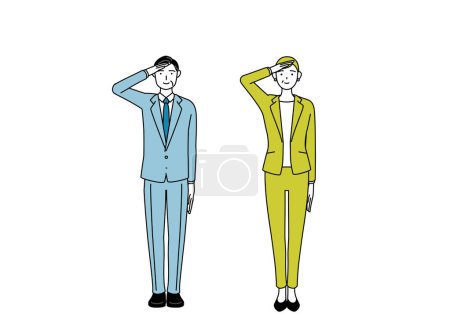 Simple line drawing illustration of businessman and businesswoman (senior, executive, manager) in a suit making a salute.