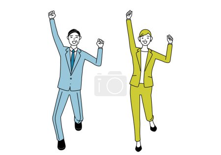 Simple line drawing illustration of businessman and businesswoman (senior, executive, manager) in a suit smiling and jumping.