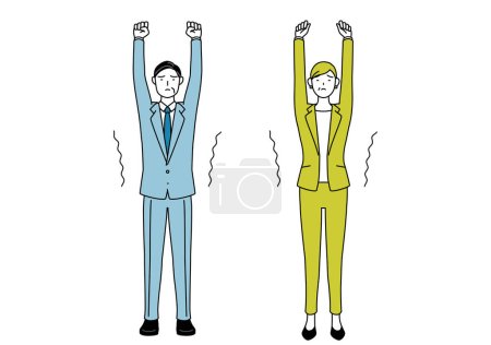 Simple line drawing illustration of businessman and businesswoman (senior, executive, manager) in a suit stretching and standing tall.