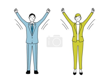 Illustration for Simple line drawing illustration of businessman and businesswoman (senior, executive, manager) in a suit taking a deep breath. - Royalty Free Image