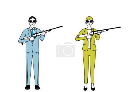 Simple line drawing illustration of businessman and businesswoman (senior, executive, manager) in a suit wearing sunglasses and holding a rifle.